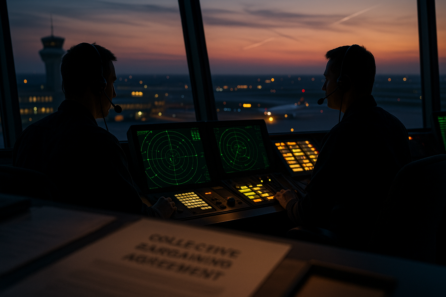 Air traffic controllers working with an open collective bargaining agreement paper in the peripheral.